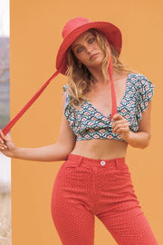 ZOE Blue and Red Tile Print Crop Top