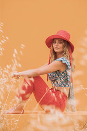 ZOE Blue and Red Tile Print Crop Top