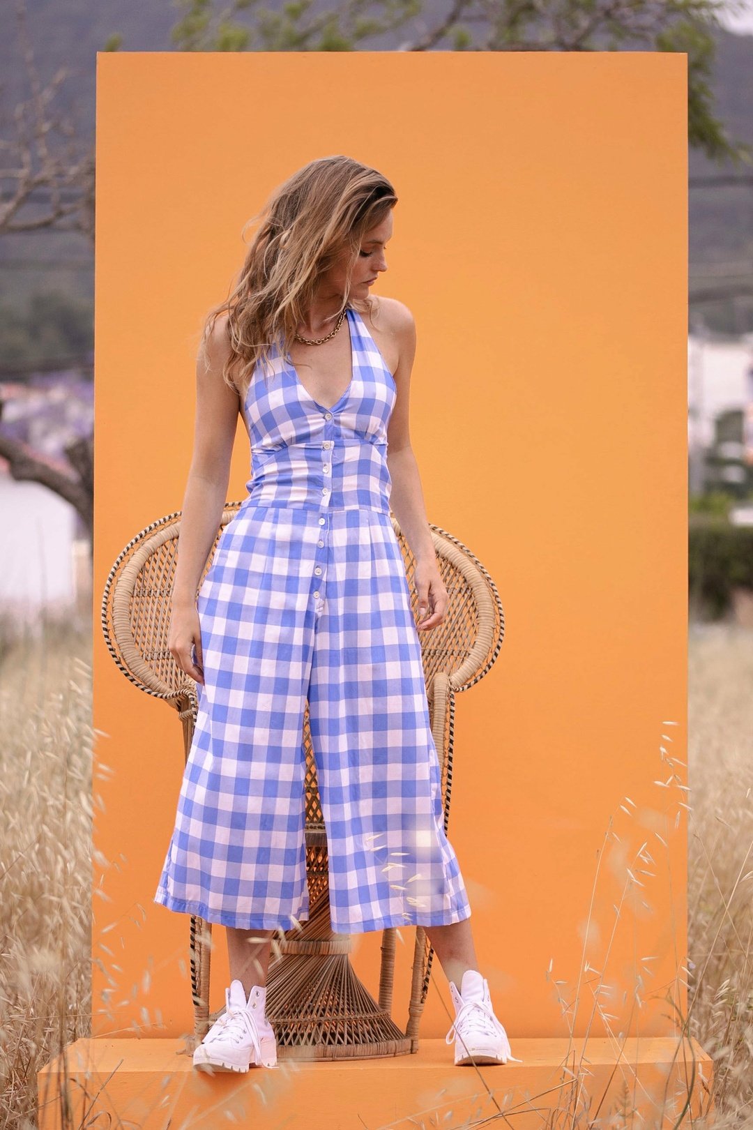 BAMBI  Blue Gingham Halter Top Y2K Jumpsuit