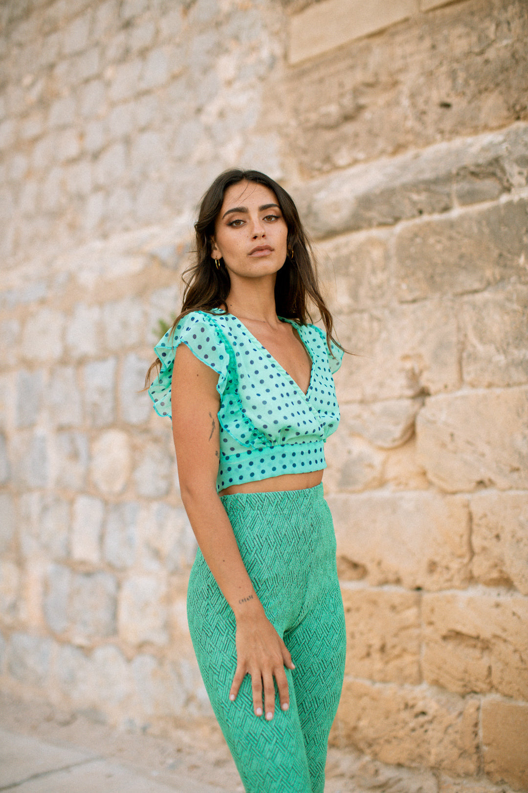 ZOE Spot Crop Top Green OOTO CLOTHING