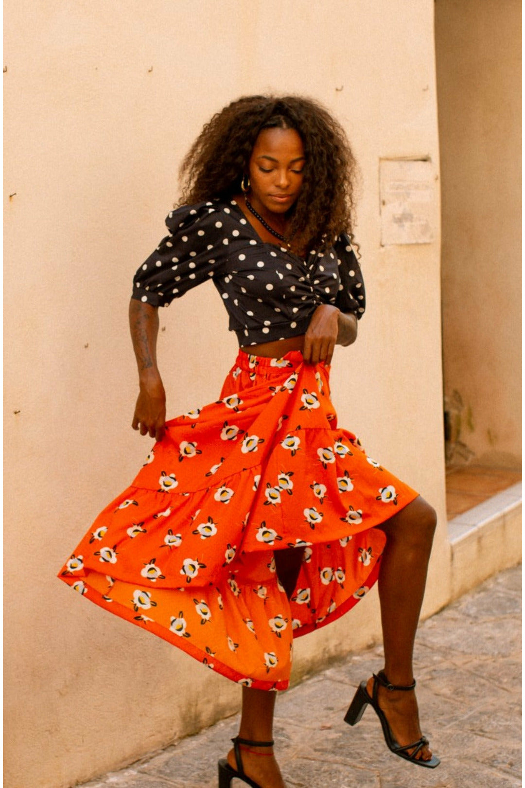FIORELLA Orange Floral Print Summer Skirt