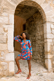 MARIA mini wrap dress - Red and Blue flower