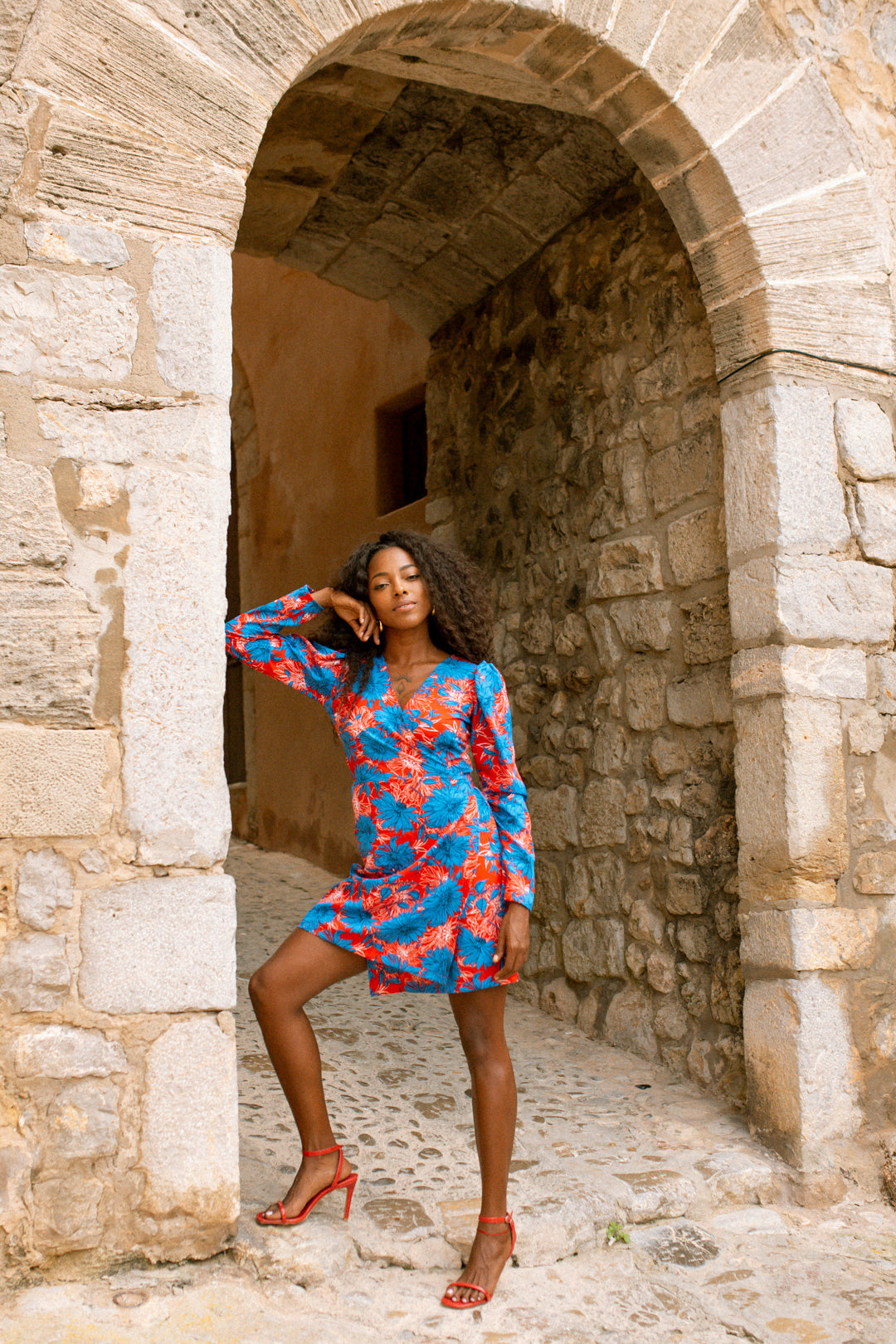 MARIA mini wrap dress - Red and Blue flower