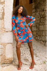MARIA mini wrap dress - Red and Blue flower