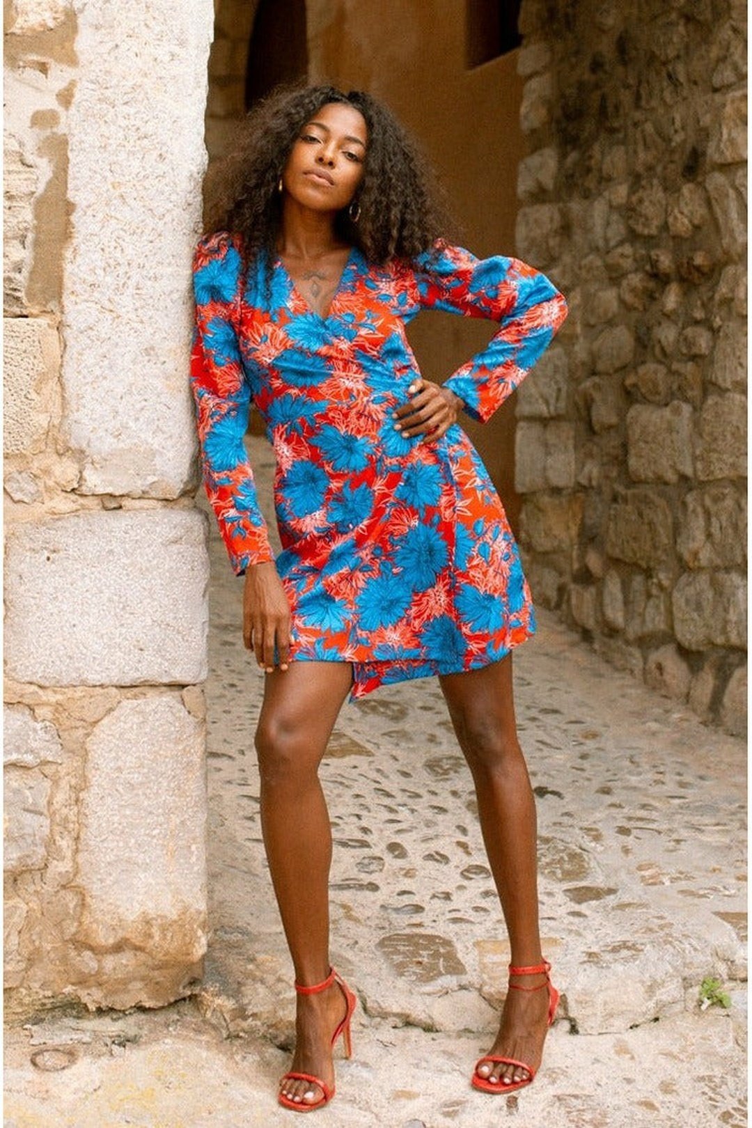 MARIA mini wrap dress - Red and Blue flower