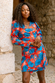 MARIA mini wrap dress - Red and Blue flower