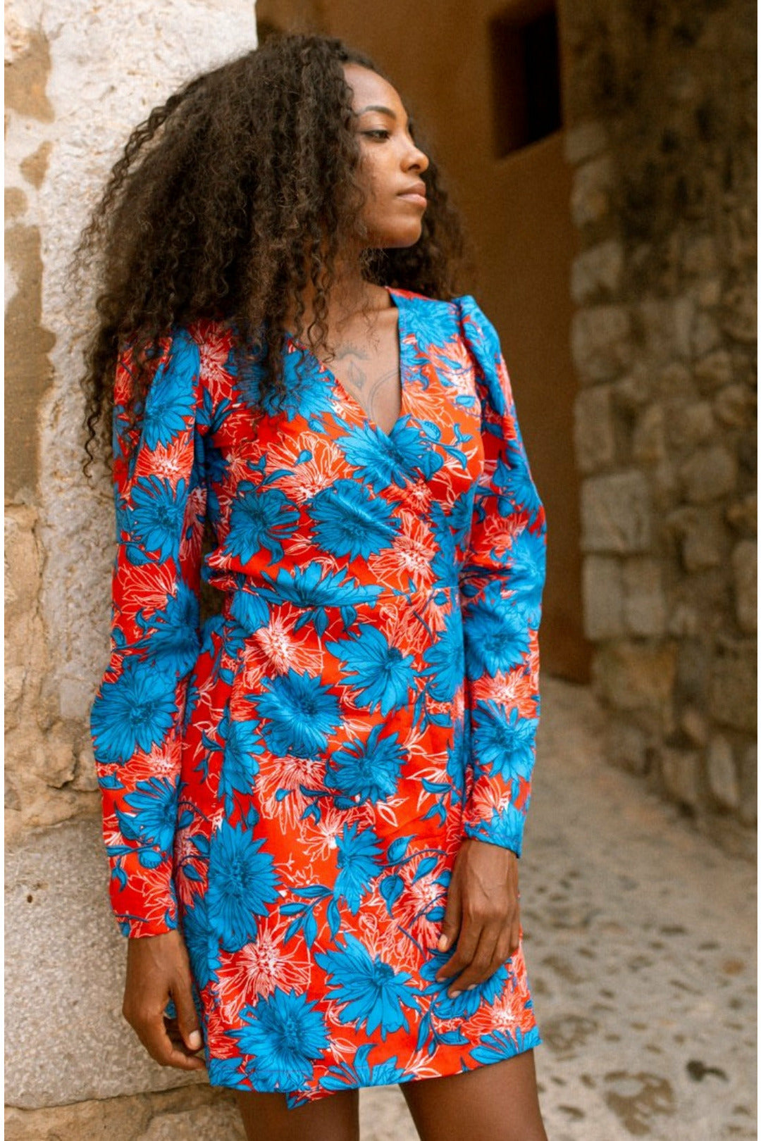 Red flower wrap sales dress