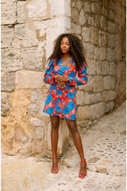 MARIA mini wrap dress - Red and Blue flower