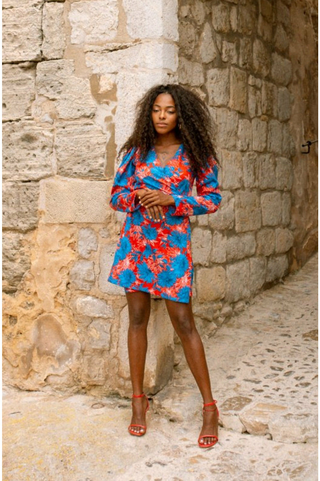 MARIA mini wrap dress - Red and Blue flower