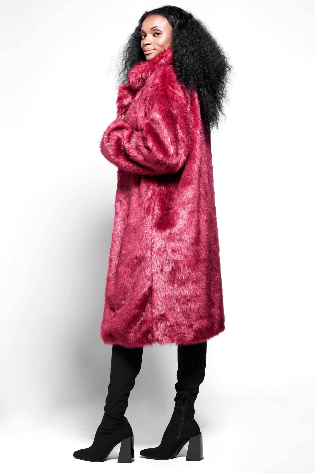 BUFFY Faux Fur Coat in Ruby Red