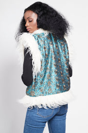 JONI Waistcoat - Afghan Style Turquoise Embroidered Gilet Fur Trim