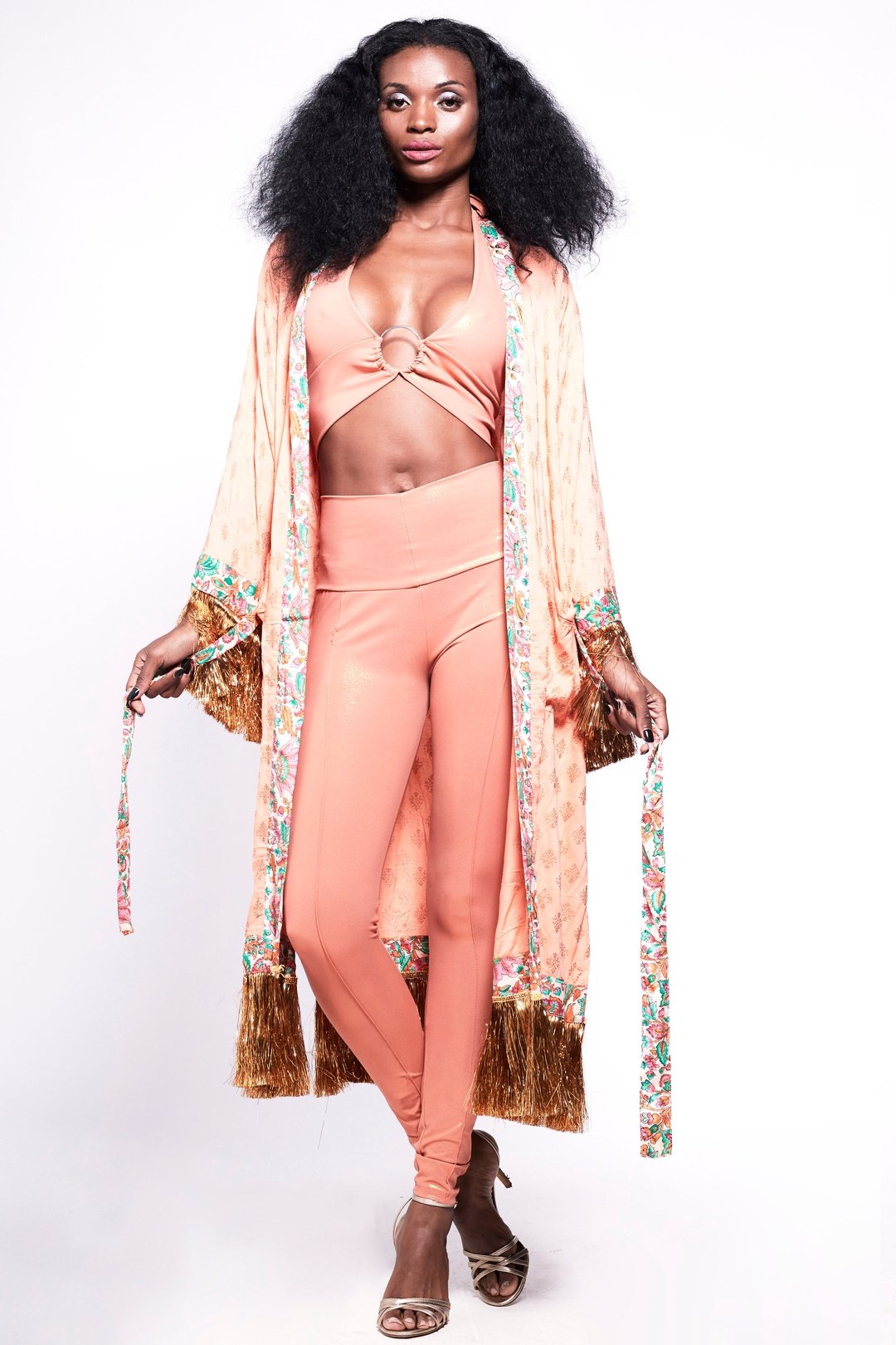 FIESTA Kimono Peach Metallic Fringe Party Kimono