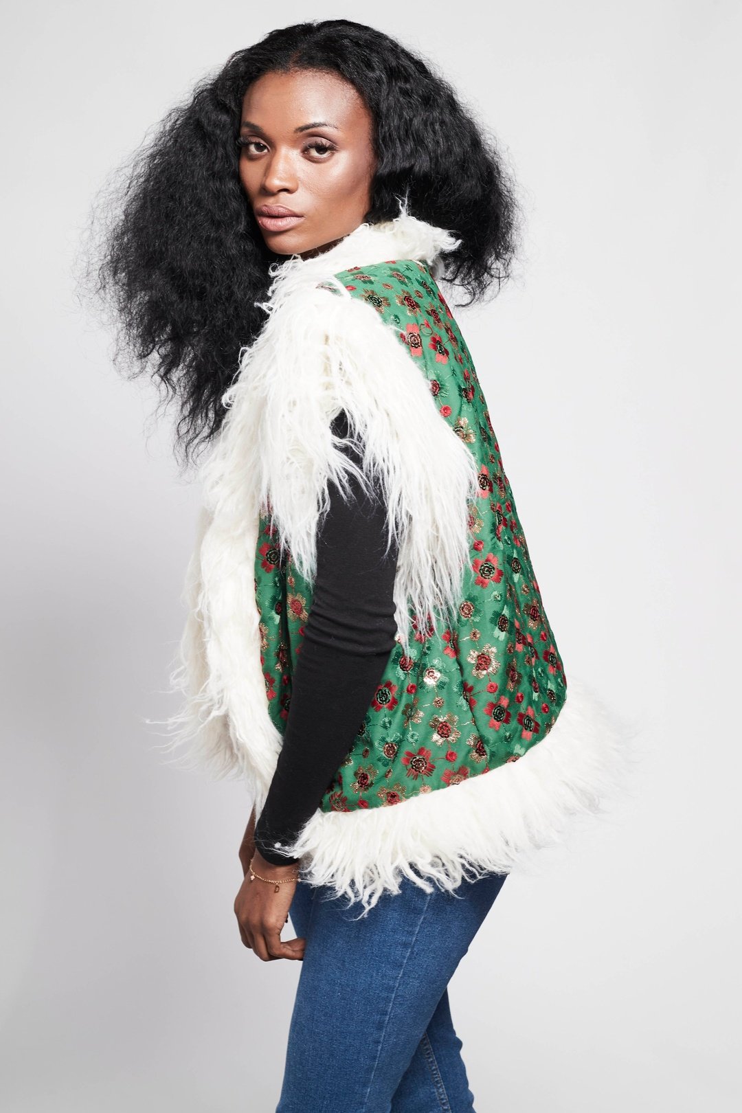 JONI Waistcoat - Afghan Style Emerald Green Embroidered Gilet Fur Trim