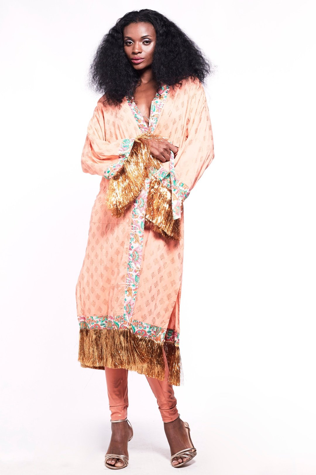 FIESTA Kimono Peach Metallic Fringe Party Kimono