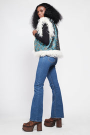 JONI Waistcoat - Afghan Style Turquoise Embroidered Gilet Fur Trim