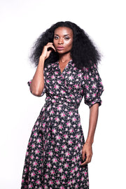 GABRIELA Wrap Dress Black & Rose Print