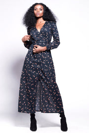 KALANI Wrap dress - Black with Peachy orange floral print