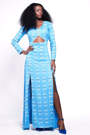 TABITHA Dress Retro Front Cut Blue Maxi Dress