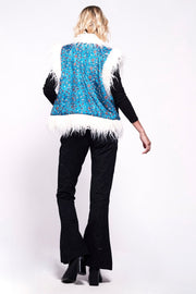 JONI Waistcoat - Afghan Style Bright Blue Gold Embroidered Gilet Fur Trim
