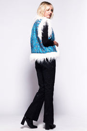 JONI Waistcoat - Afghan Style Bright Blue Gold Embroidered Gilet Fur Trim