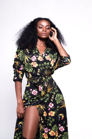 GABRIELA Wrap Dress Black & Tropical Floral Print