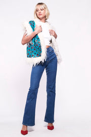 JONI Waistcoat - Afghan Style Bright Blue Embroidered Gilet Fur Trim