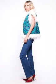 JONI Waistcoat - Afghan Style Bright Blue Embroidered Gilet Fur Trim