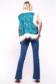 JONI Waistcoat - Afghan Style Bright Blue Embroidered Gilet Fur Trim