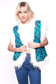 JONI Waistcoat - Afghan Style Bright Blue Embroidered Gilet Fur Trim