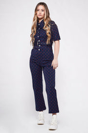 HEIDI Retro Jumpsuit - Navy & Red Diamond