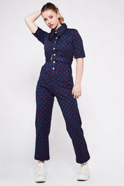 HEIDI Retro Jumpsuit - Navy & Red Diamond