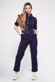 HEIDI Retro Jumpsuit - Navy & Red Diamond