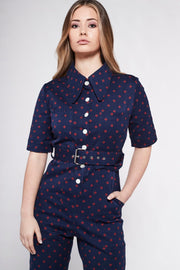 HEIDI Retro Jumpsuit - Navy & Red Diamond