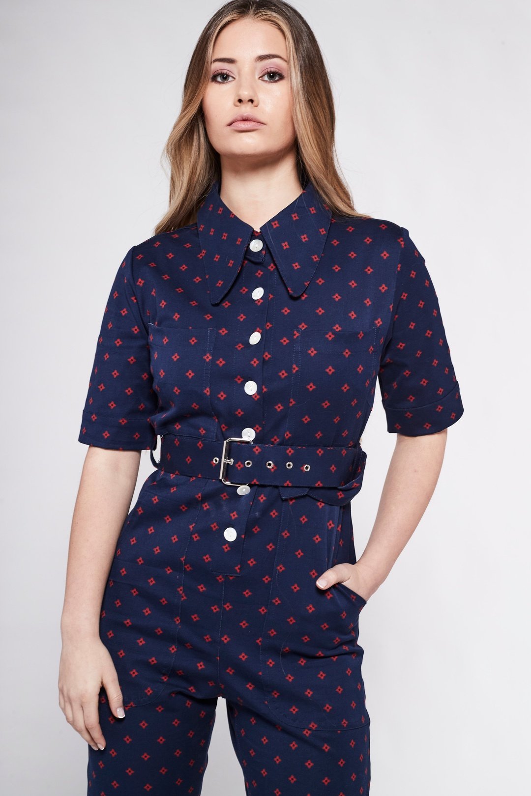 HEIDI Retro Jumpsuit - Navy & Red Diamond