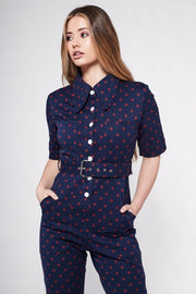 HEIDI Retro Jumpsuit - Navy & Red Diamond