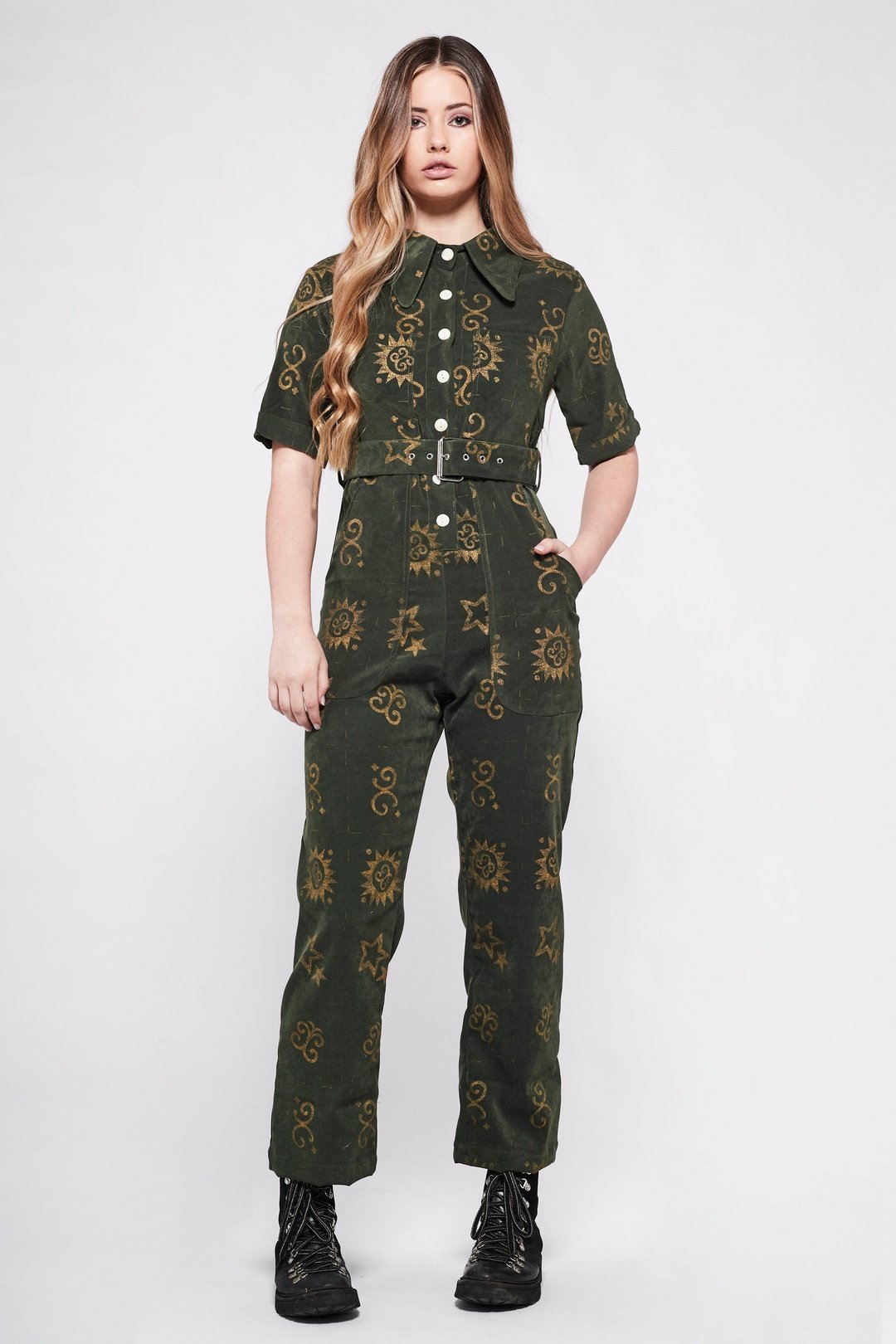 HEIDI Retro Jumpsuit in Batik Print Green