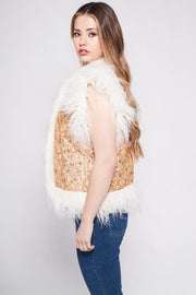 JONI Waistcoat - Afghan Style Peach and Gold Embroidered Gilet Fur Trim