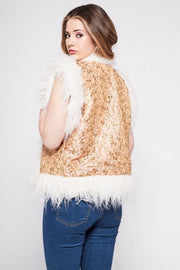 JONI Waistcoat - Afghan Style Peach and Gold Embroidered Gilet Fur Trim