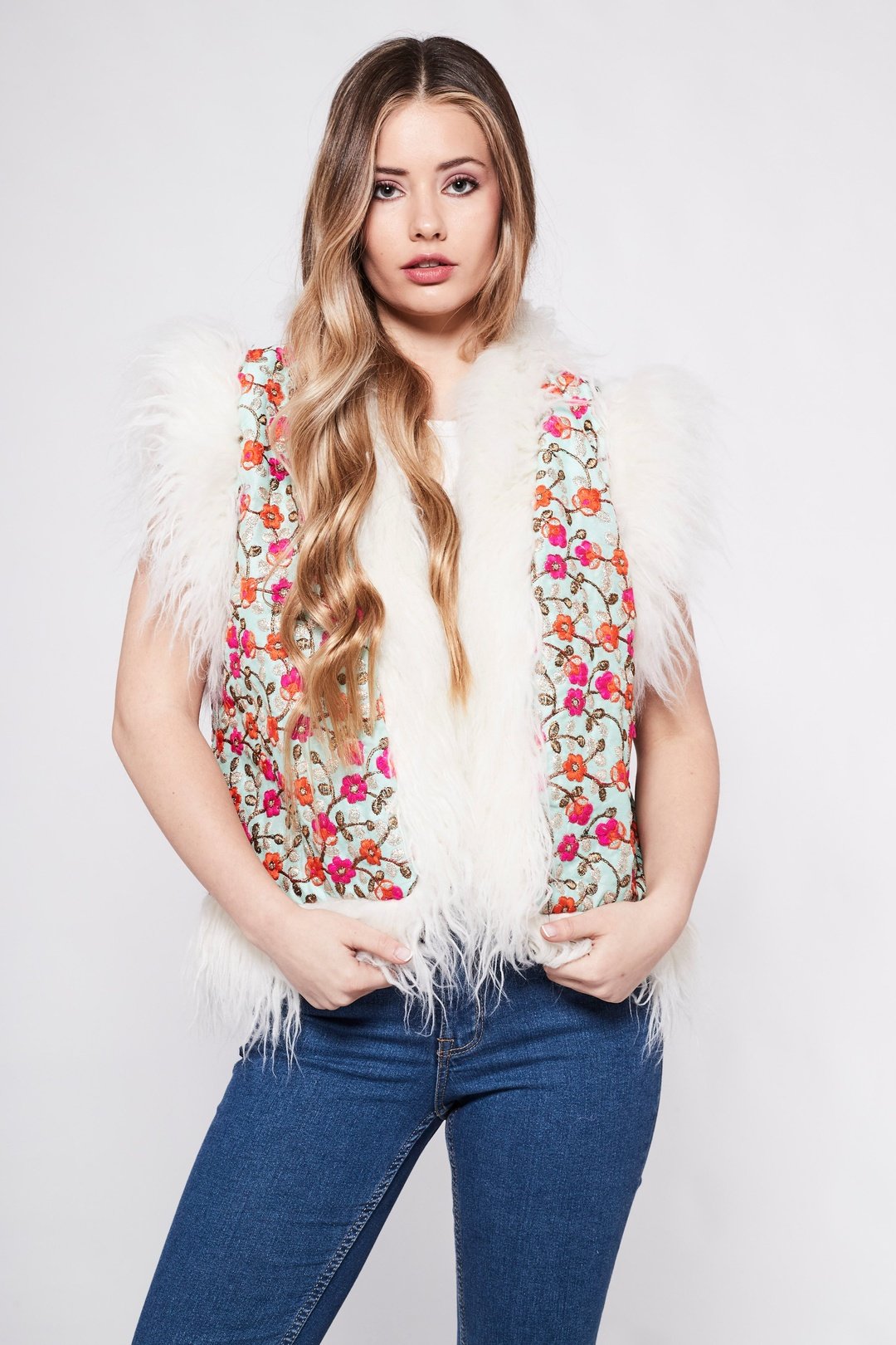 JONI Waistcoat -  Baby Blue with pink and orange- Embroidered Gilet Fur Trim