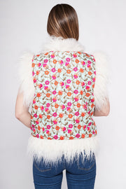 JONI Waistcoat -  Baby Blue with pink and orange- Embroidered Gilet Fur Trim