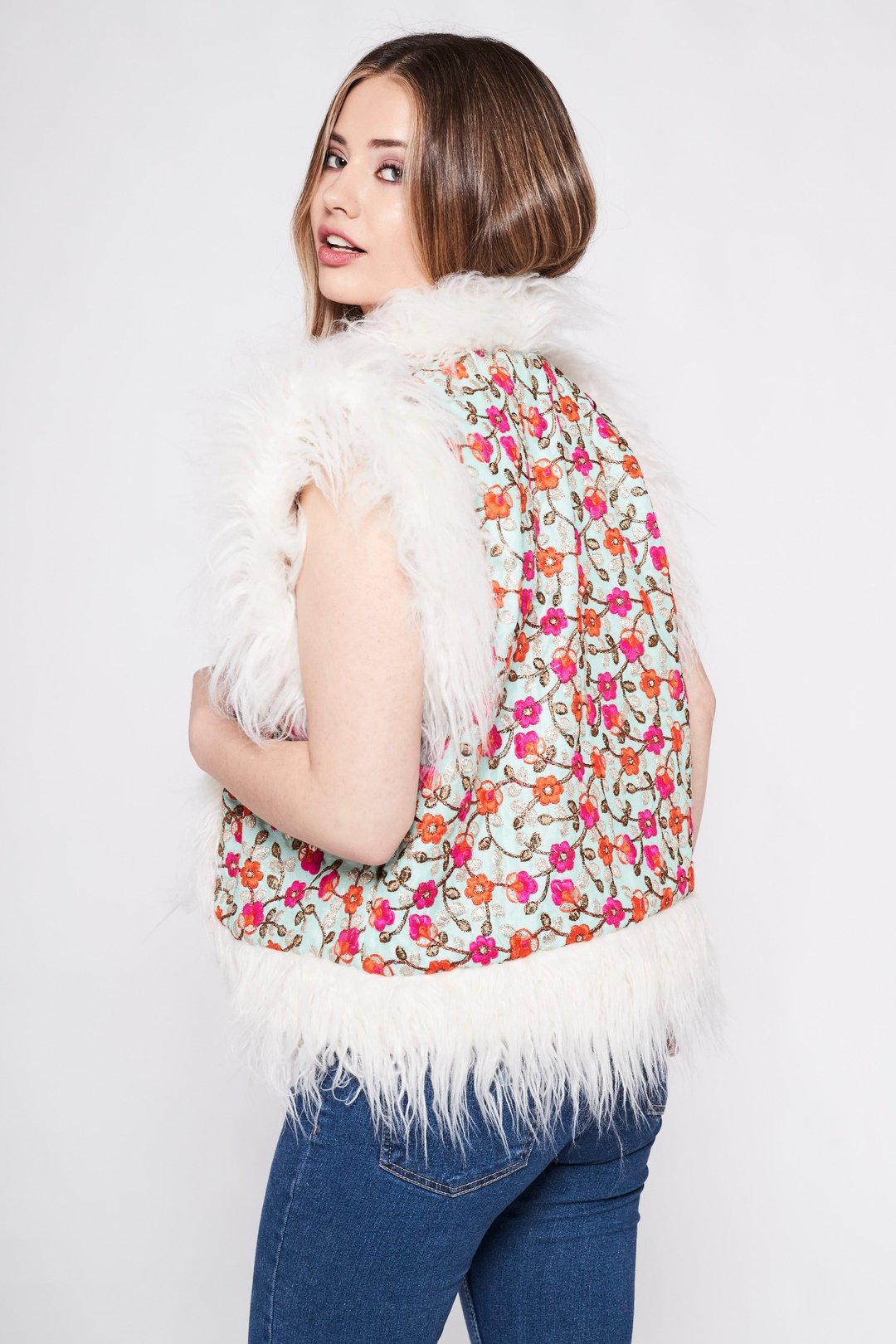 JONI Waistcoat -  Baby Blue with pink and orange- Embroidered Gilet Fur Trim