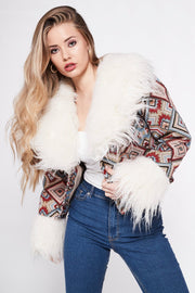 CAYOTE Afghan Bomber Jacket in Cream, Red and Baby Blue Geo