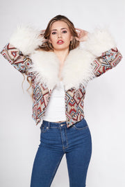 CAYOTE Afghan Bomber Jacket in Cream, Red and Baby Blue Geo