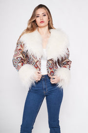 CAYOTE Afghan Bomber Jacket in Cream, Red and Baby Blue Geo