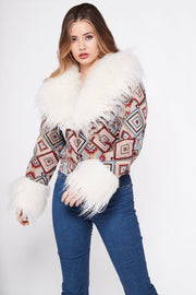 CAYOTE Afghan Bomber Jacket in Cream, Red and Baby Blue Geo