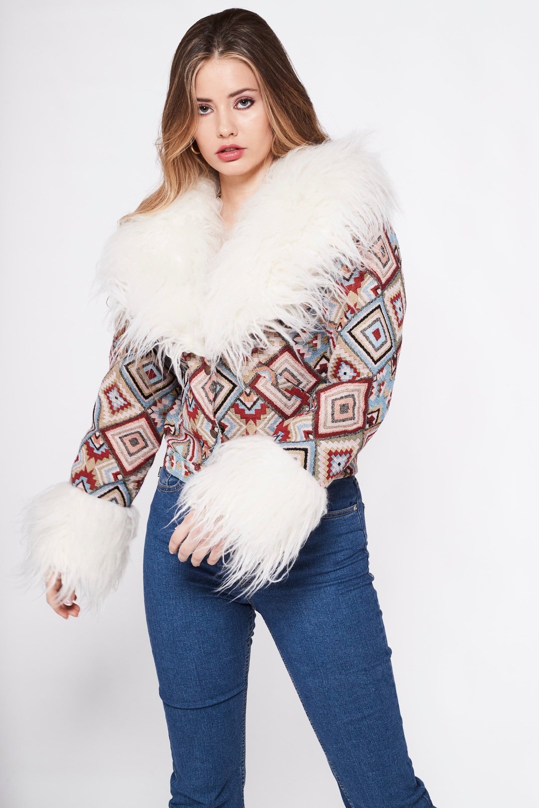 CAYOTE Afghan Bomber Jacket in Cream, Red and Baby Blue Geo