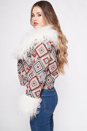 CAYOTE Afghan Bomber Jacket in Cream, Red and Baby Blue Geo