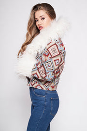 CAYOTE Afghan Bomber Jacket in Cream, Red and Baby Blue Geo