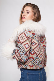 CAYOTE Afghan Bomber Jacket in Cream, Red and Baby Blue Geo