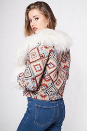 CAYOTE Afghan Bomber Jacket in Cream, Red and Baby Blue Geo
